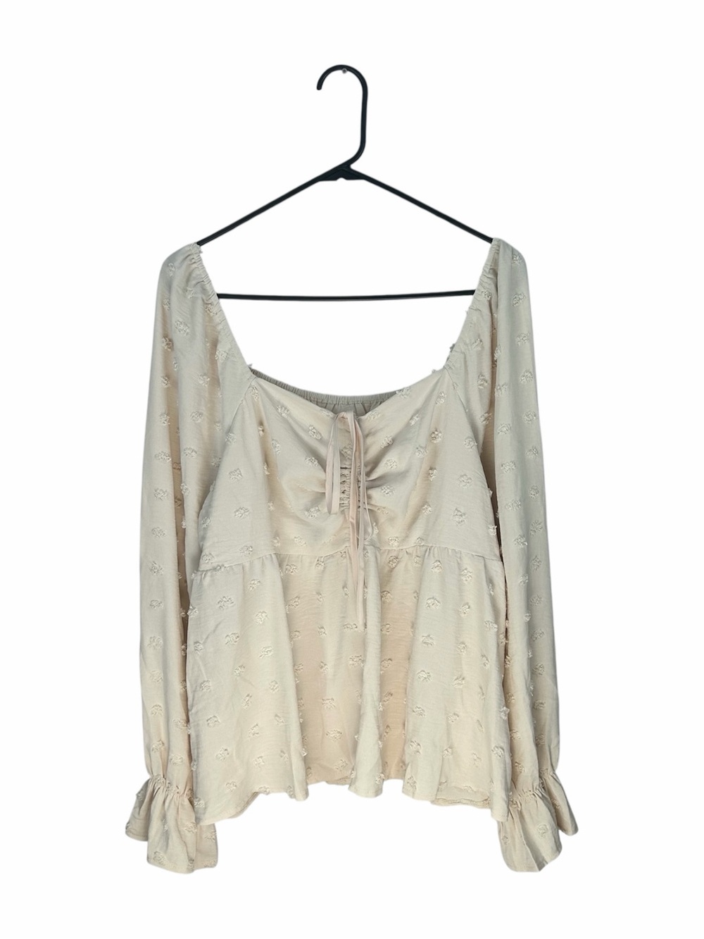 Women's Blouse Top Tie Front Cream Long Sleeve Plus Size 2XL